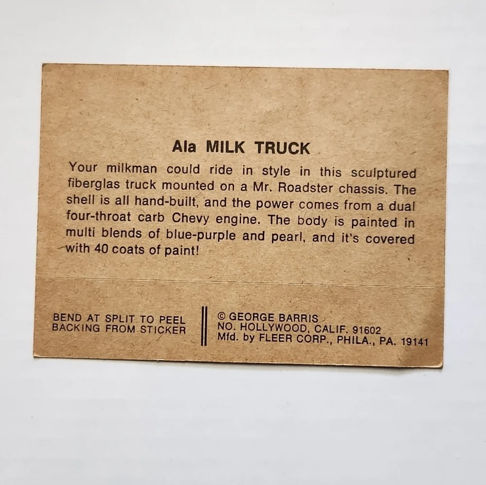🏎️ Vintage 1970 Fleer GEORGE BARRIS Kustom City Sticker - ALA MILK TRUCK 🥛